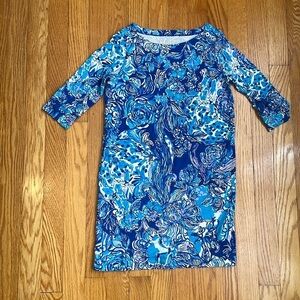 Lilly Pulitzer Mini 3/4 Sleeve Sophie Dress Multi Blue Artsy Leaf Print L 8/10